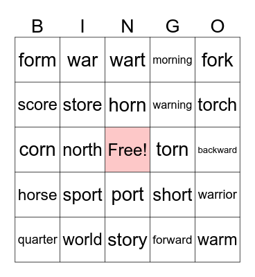 "or" Sound Bingo Card Bingo Card