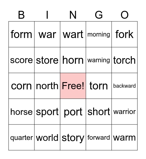 "or" Sound Bingo Card Bingo Card