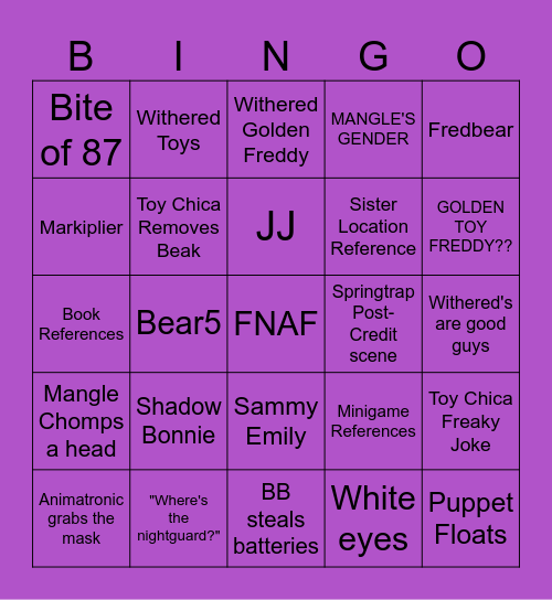 FNAF 2 MOVIE BINGO Card