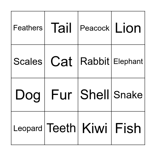 Animal Bingo Card