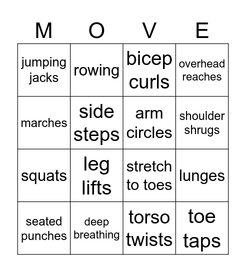 Exercise Bingo! Bingo Card