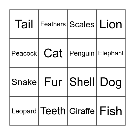 Animal Bingo Card