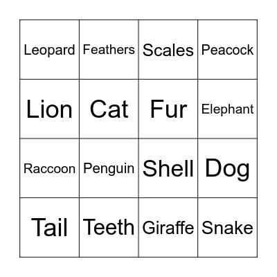 Animal Bingo Card