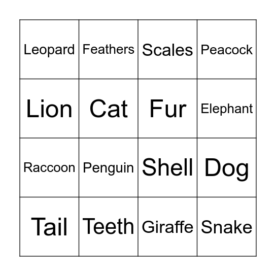 Animal Bingo Card