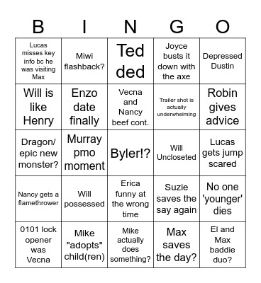 Stranger Things 5 Bingo Card