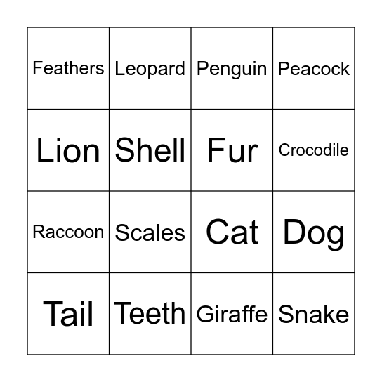Animal Bingo Card