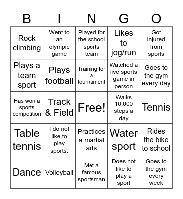 Sports Bingo Card