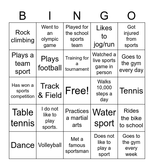 Sports Bingo Card