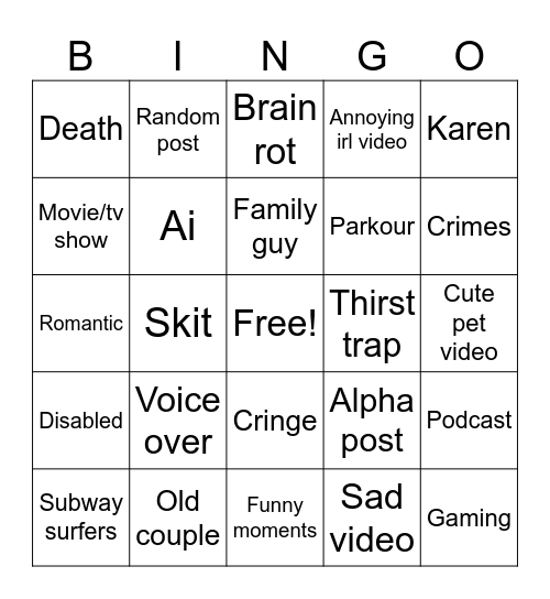 Instagram Bingo Card