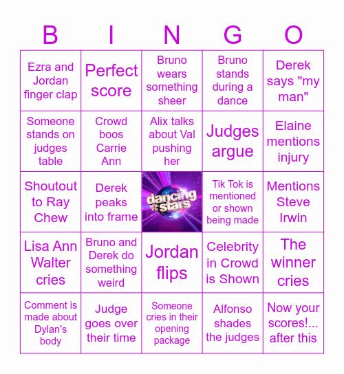 Dancing with the Stars Finale Bingo Card