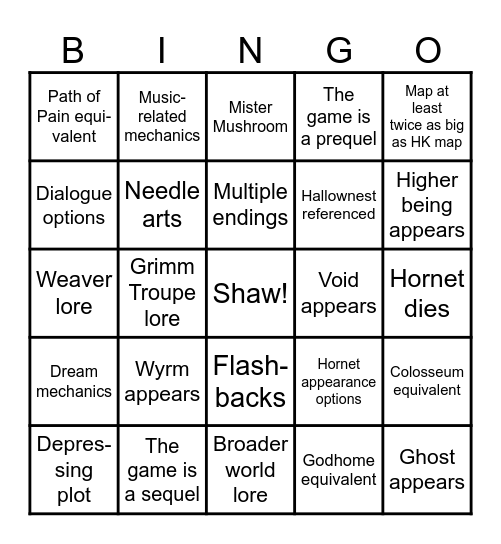 Hollow Knight: Silksong Bingo Card