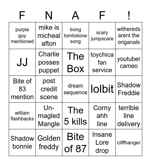 Fnaf bingo sheet Bingo Card