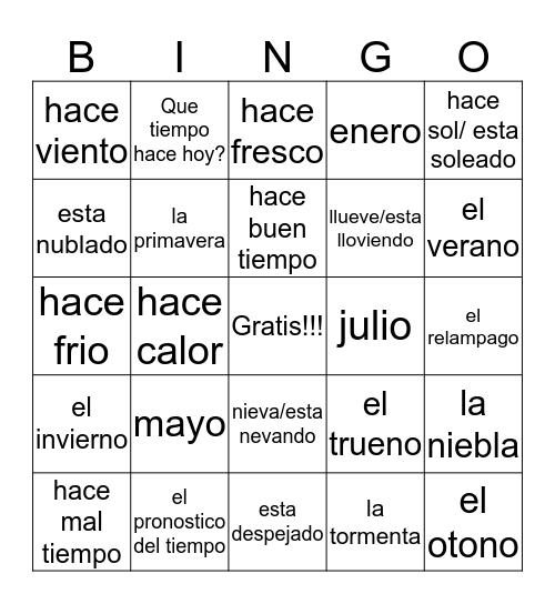 El tiempo - The weather Bingo Card