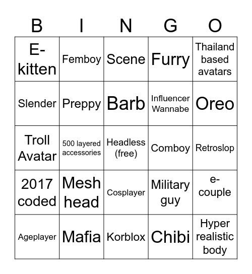 Catalog Avatar Creator Bingo Card