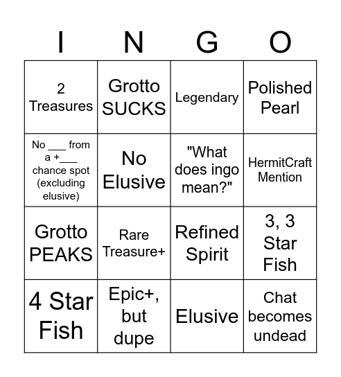 Fishing Ingo Bingo Card