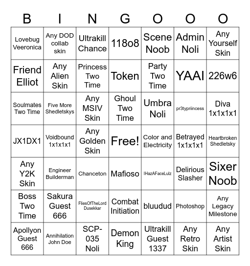 Forsaken Bingo Card