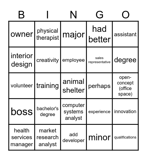 Unit 11A Vocabulary Bingo Card