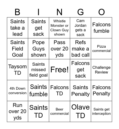 Saints Bingo Card