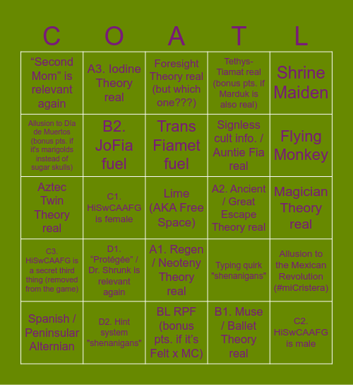 INSANE Fiamet THEORIST Bingo Card