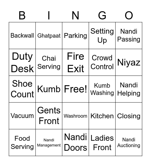 IV Duties Bingo Card