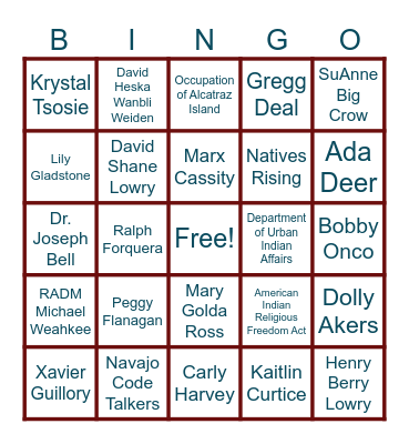 Native American Heritage Month Bingo Card
