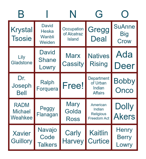 Native American Heritage Month Bingo Card