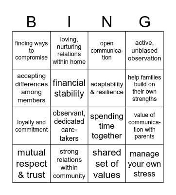 Family Strengths Bingo Card