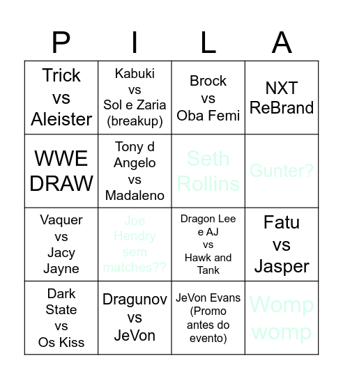 Saturday Cena Bingo Card