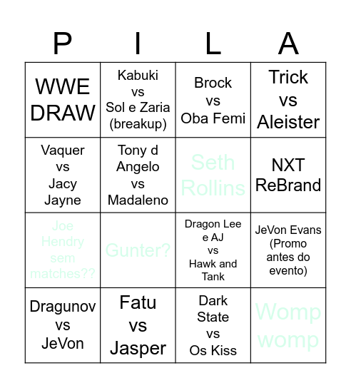 Saturday Cena Bingo Card
