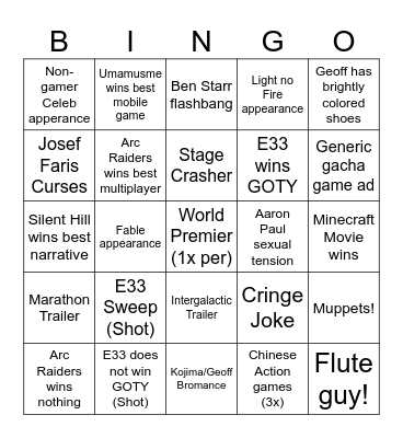 Game Awards 2025 Bingo Card