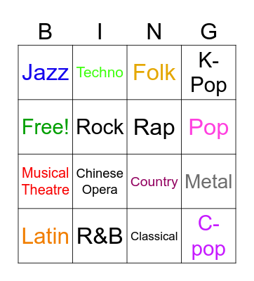 Musical Genres Bingo Card
