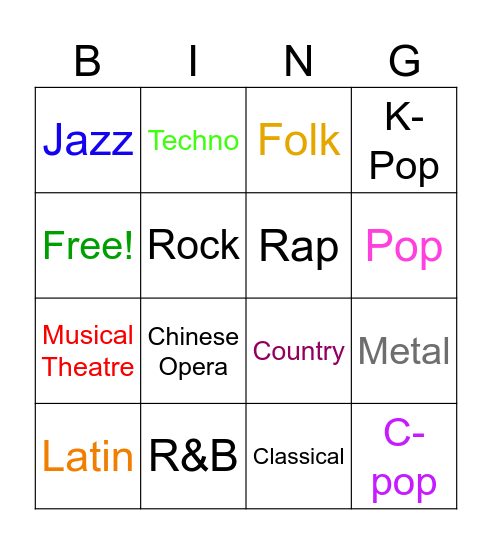 Musical Genres Bingo Card