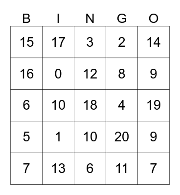 NUMBER BINGO Card