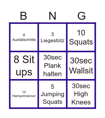 Fitness Bingo Card