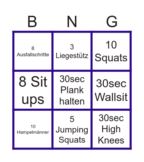 Fitness Bingo Card