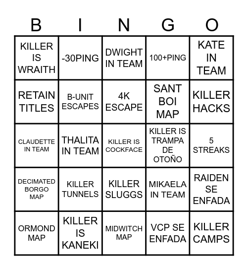 DBD COMP DAY BINGO Card