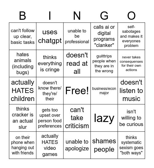 Moon's Icks Bingo Card