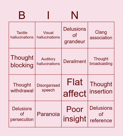 Psychosis Symptoms Bingo Card