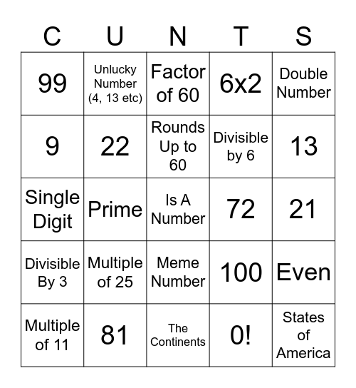 Number Bingo Card