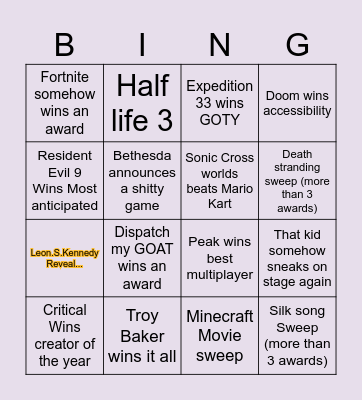 Game awards Bingo Card