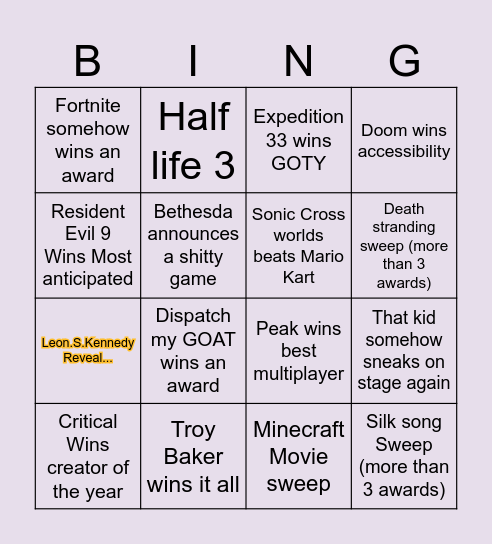 Game awards Bingo Card