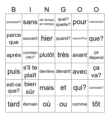General vocabulary Bingo Card