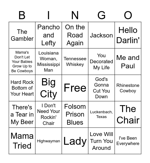 Country Western Bingo Card