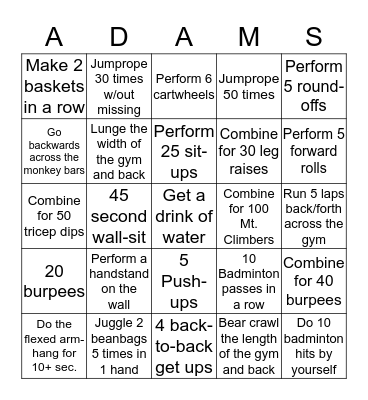 ADAMS FITNESS/SKILLS BINGO Card