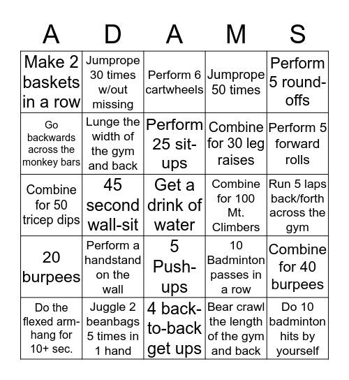 ADAMS FITNESS/SKILLS BINGO Card