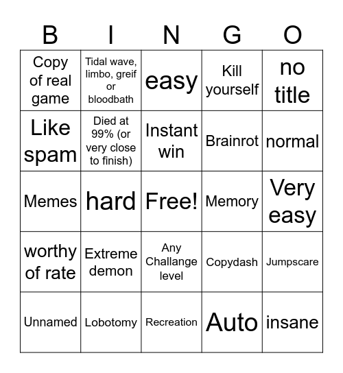 Gd bingo (Recent tab) Bingo Card