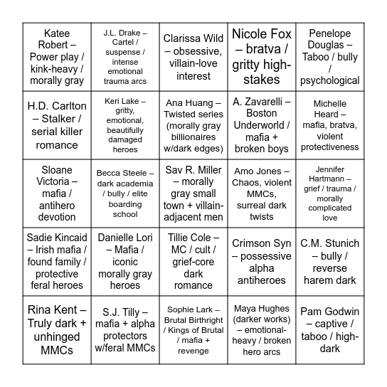 Dark Romance Authors Bingo Card