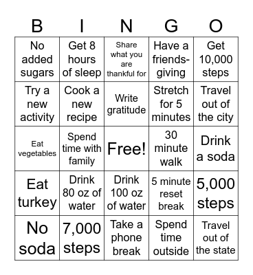 Thanksgiving Wellness / Gratitude Bingo Card
