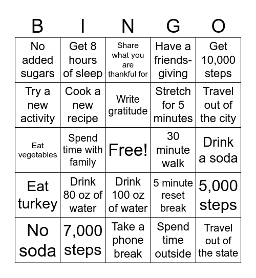 Thanksgiving Wellness / Gratitude Bingo Card