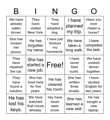 Present Perfect Bingo Game Bingo Card